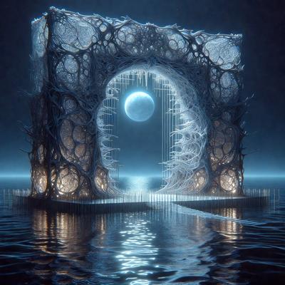 The primary subject of the image is a large, intricate sculpture of a doorway, possibly made of wood or resembling a tree. The doorway is adorned with a moon and a star, adding a sense of mystery and wonder to the scene. The setting is a dark, watery environment, which further enhances the atmosphere of the sculpture. The visual style of the image is a combination of photo and digital art, creating a unique and captivating scene. The colors and mood of the image are predominantly dark and moody, with the moon and star providing a touch of light and hope.